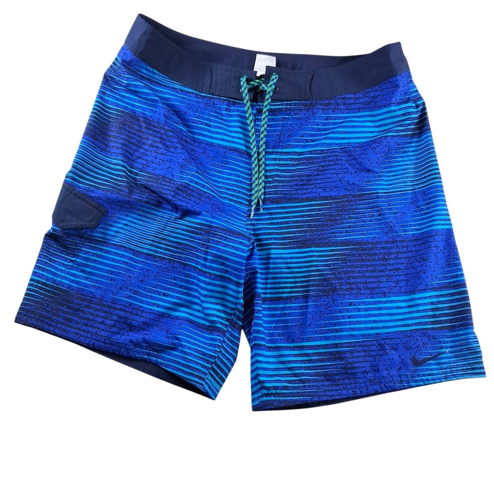 Nike Board Shorts 36 Blue Geometric Striped Stretch Swim Trunks Unlined Logo